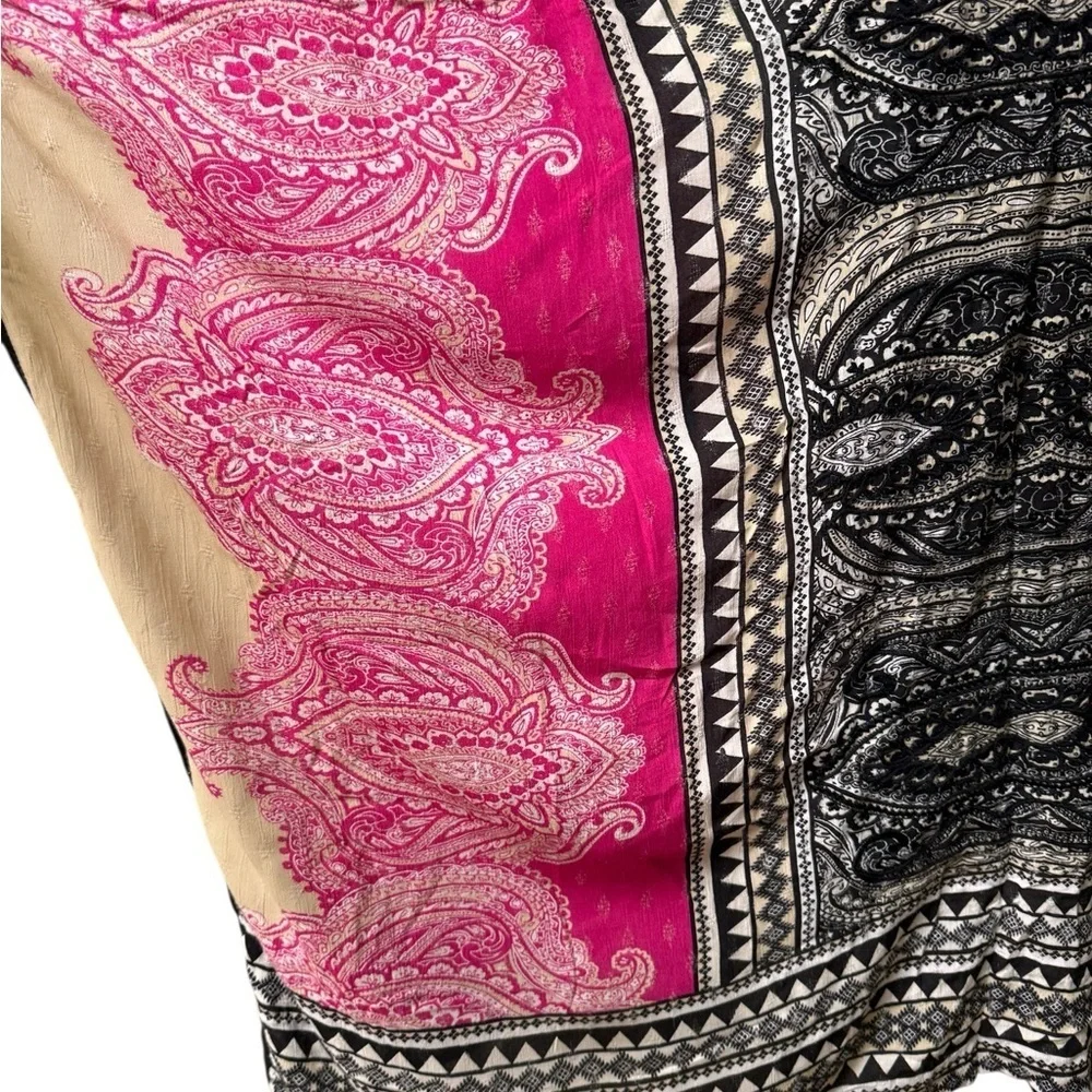 Boho Embroidered Kimono Wrap Cardigan – Black Pink Paisley Tribal Print One size